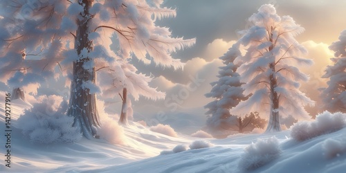 Ultra-High-Resolution Winter Landscape Illustration of Snow-Covered Trees with Frosted Branches and Golden Light Amid Serene, Misty Surroundings”