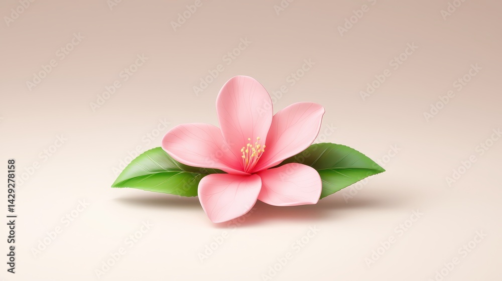 Obraz premium Softly illuminated pink flower with lush green leaves on light background pink