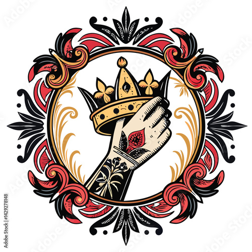 A heavily tattooed hand delicately cradles a jeweled crown within an ornate, baroque-style frame.  High detail, dramatic lighting.