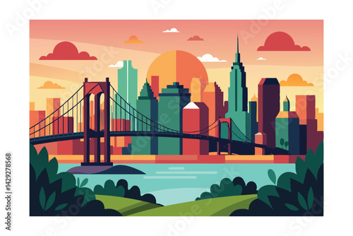 panorama of the city in sunset