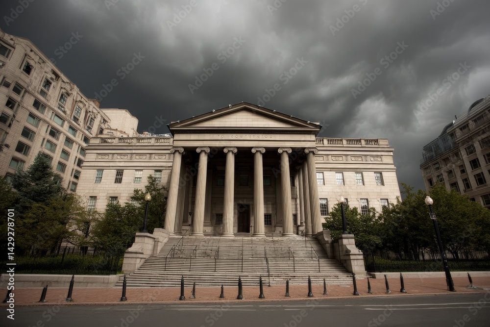 Dramatic Skies Over Historical Building with Columns and Steps