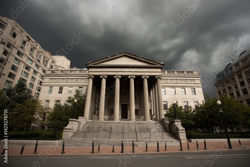 Obraz na płótnie Dramatic Skies Over Historical Building with Columns and Steps w salonie