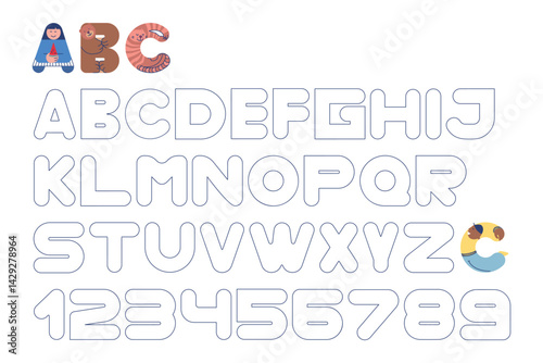 Letters. Alphabet. ABC for kids.  Fun Font.  English learning. Creative Alphabetical order. Language arts. Coloring Worksheet at school, home. Sketch vector illustration