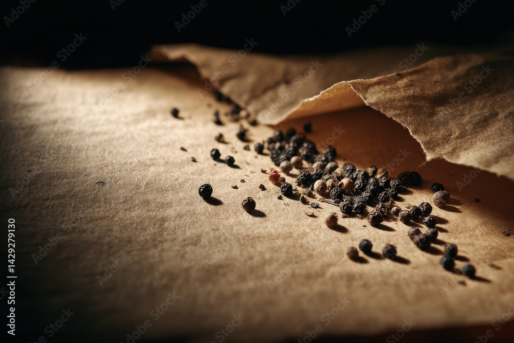 Dried Spices and Seeds Spilled on Crumpled Paper Background
