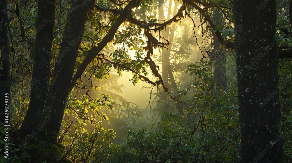 Fototapeta premium Sunlight filtering through dense forest with moss-covered branches and mist in a lush green environment