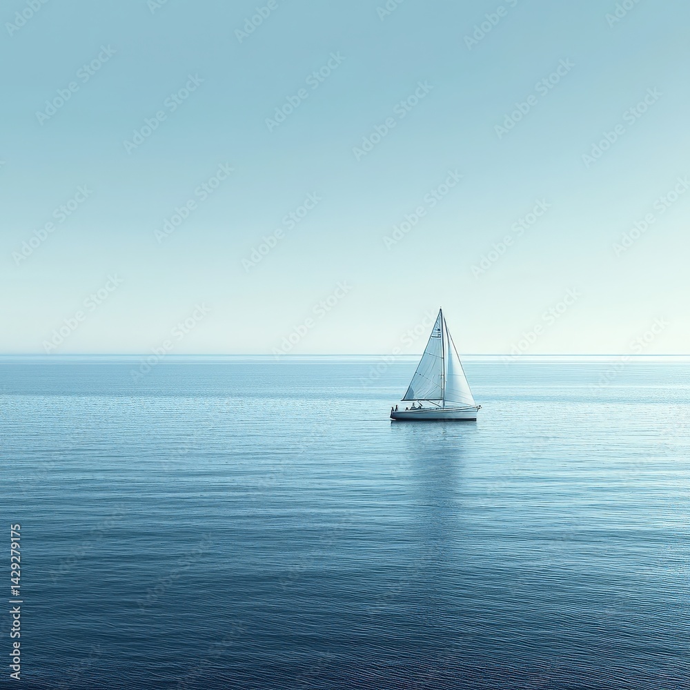 Fototapeta premium Single white sailboat on calm blue ocean under pale sky with subtle ripples
