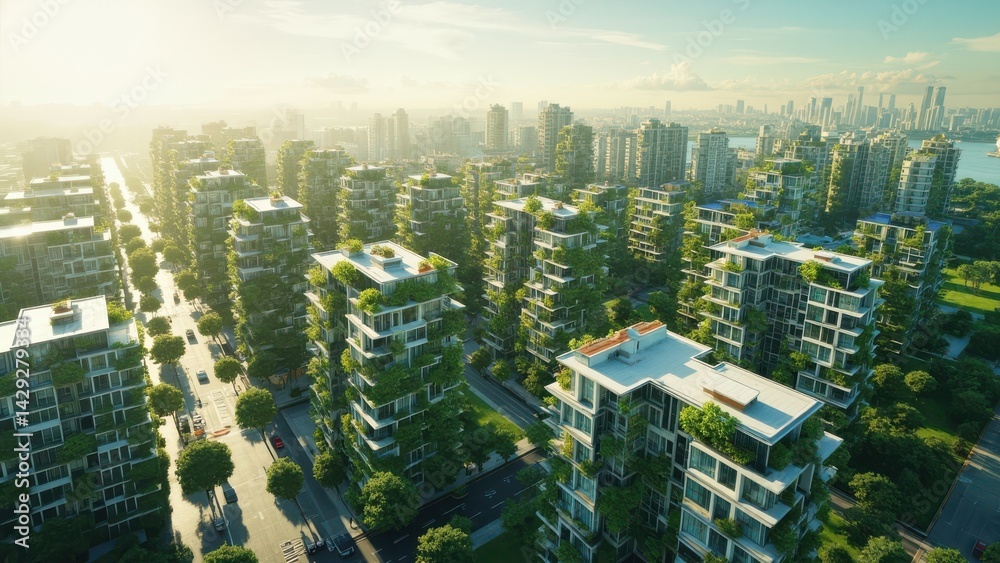 Obraz premium A futuristic cityscape with high-rise buildings covered in lush greenery. The streets are lined with trees, and vehicles navigate the urban environment. A larger city and body of water appear 