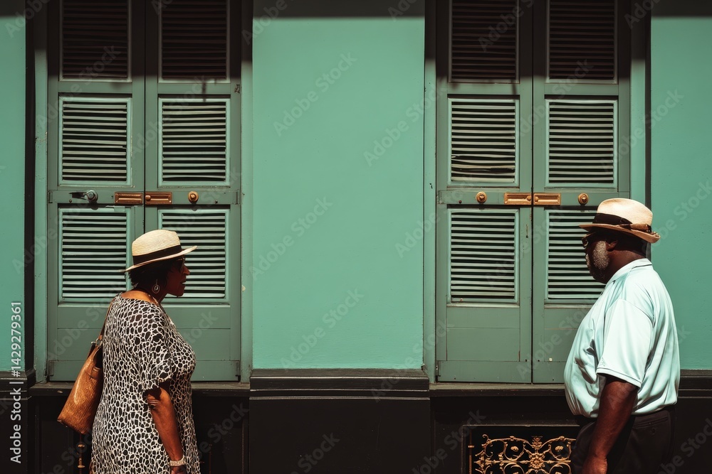 Elderly Couple in Stylish Hats Standing Near Vintage Shutters