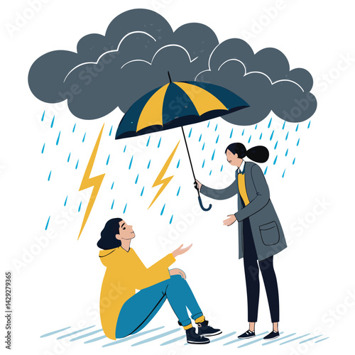 A therapist, offering a protective umbrella, stands beneath a stormy sky, symbolizing mental health support during difficult times.