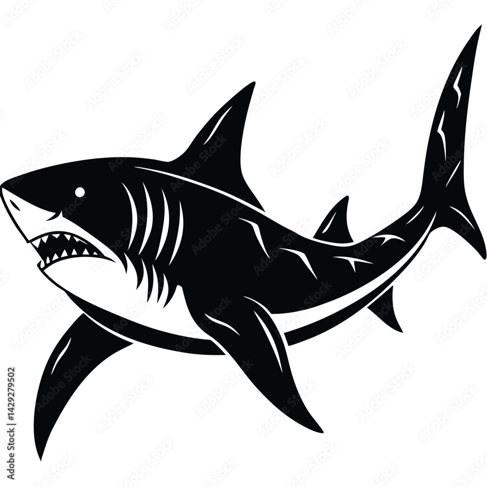 Obraz premium Aggressive Shark Black and White Vector Ocean Predator Art