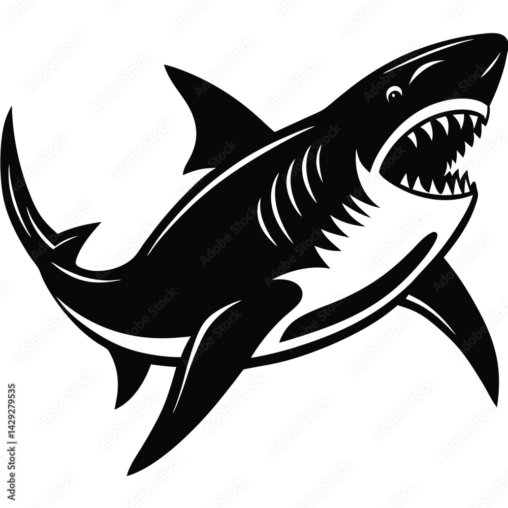 Obraz premium Aggressive Shark Black and White Vector Ocean Predator Art