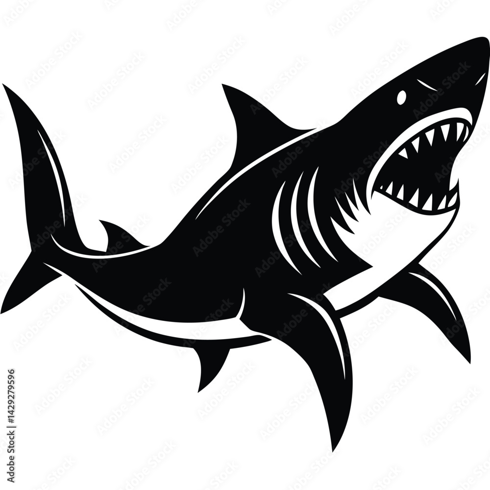 Fototapeta premium Aggressive Shark Black and White Vector Ocean Predator Art