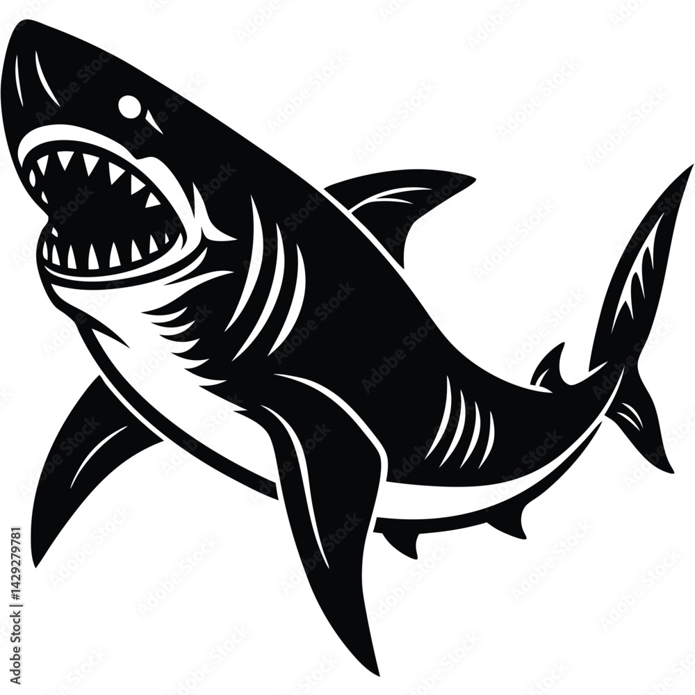 Obraz premium Aggressive Shark Black and White Vector Ocean Predator Art