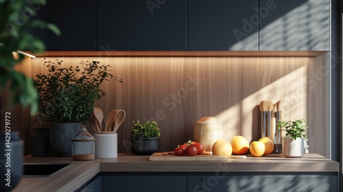 Modern kitchen countertop displays fresh produce and utensils.