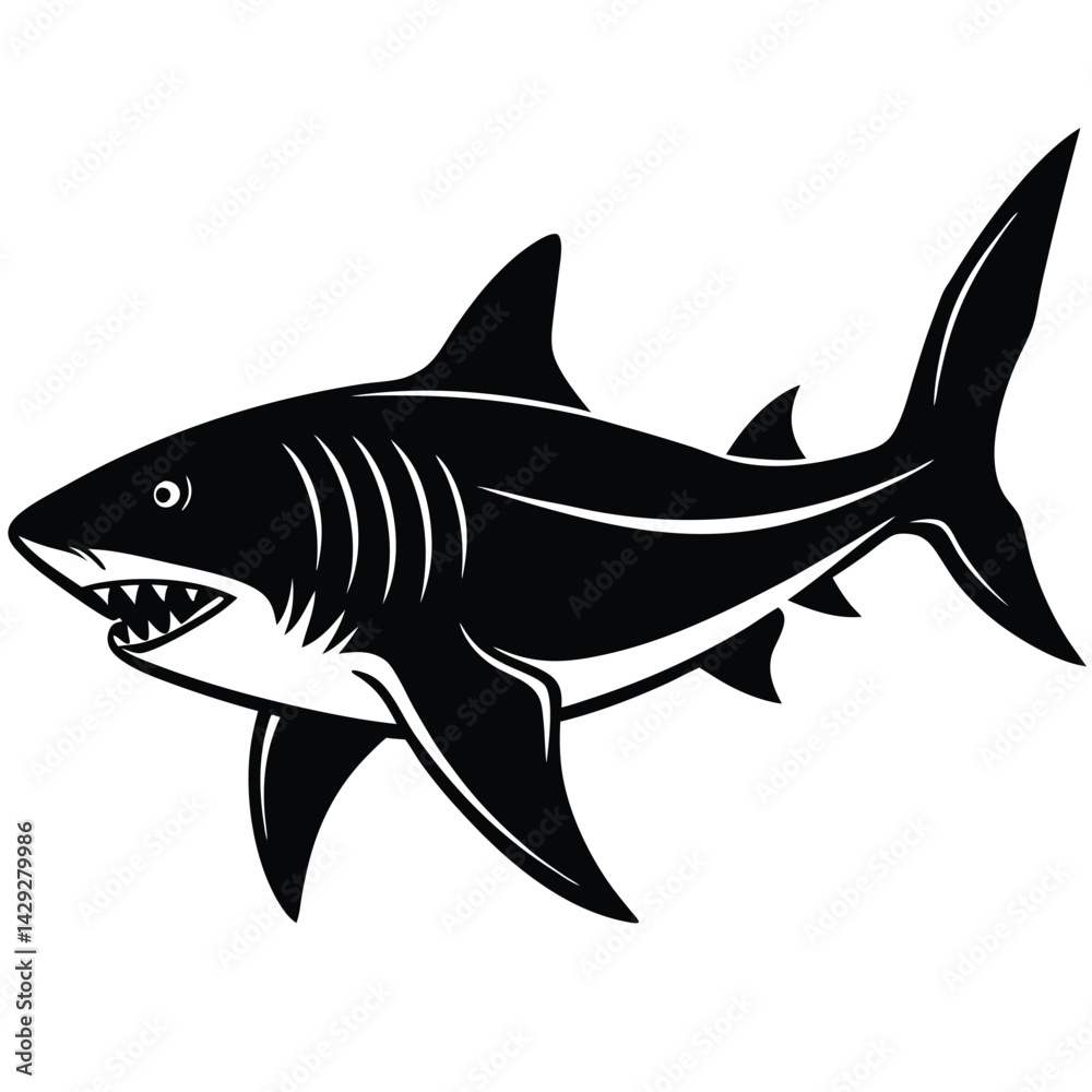 Obraz premium Aggressive Shark Black and White Vector Ocean Predator Art
