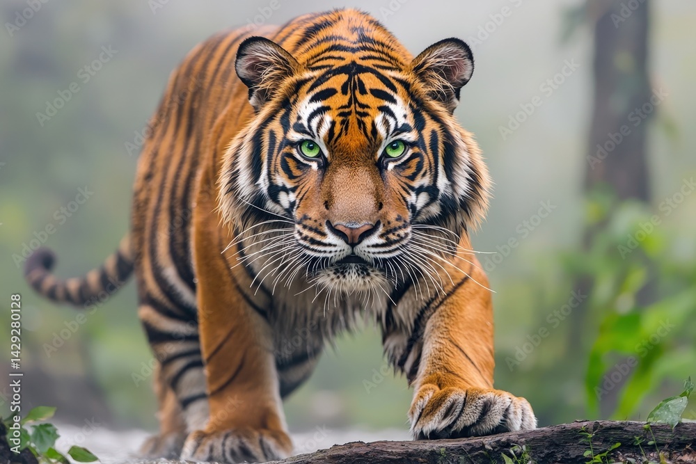 A powerful tiger prowls through a misty forest, showcasing its striking orange and black stripes and intense green eyes. A powerful tiger prowls through a misty forest, showcasing its striking orange and black stripes and intense green eyes.