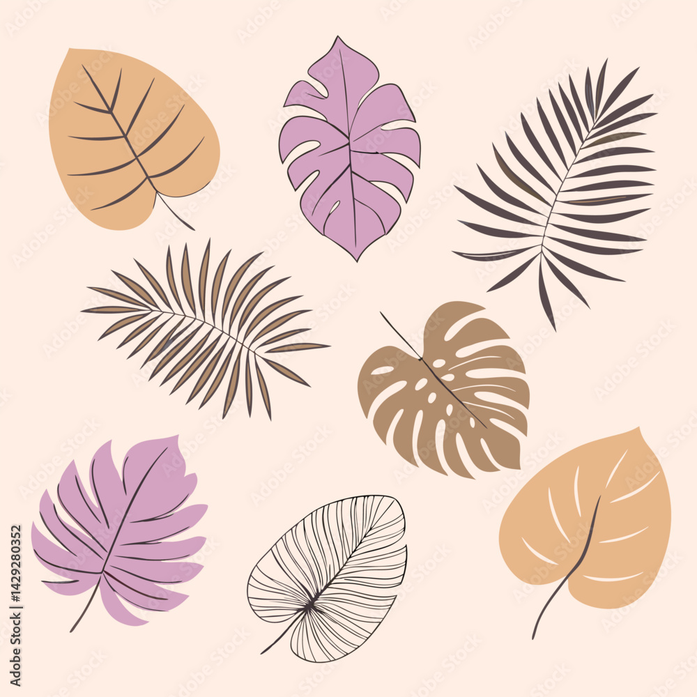 Fototapeta premium 8 tropical leaf silhouettes with a mix of different shapes and sizes, including palm, fern, and rubber tree leaves 