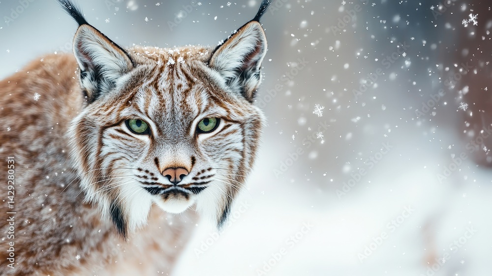 Obraz premium A close-up of a lynx with striking green eyes, set against a snowy backdrop, capturing the beauty and elegance of this wild cat.