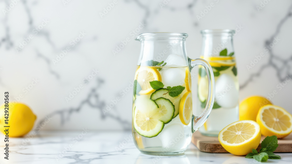 Refreshing keto-friendly drink with lemon and cucumber slices. Refreshing keto-friendly drink with lemon and cucumber slices.
