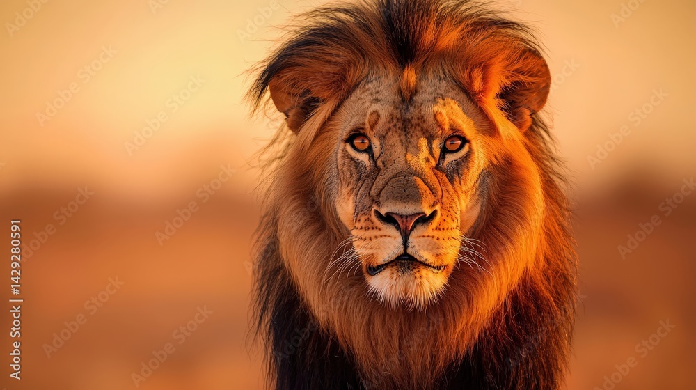 Fototapeta premium A majestic lion stares directly at the viewer, showcasing its vibrant mane against a warm, golden background, embodying strength and beauty.