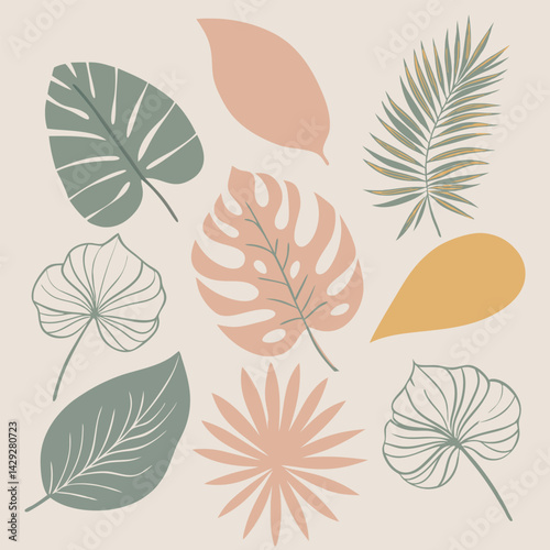 8 tropical leaf silhouettes with a mix of different shapes and sizes, including palm, fern, and rubber tree leaves 