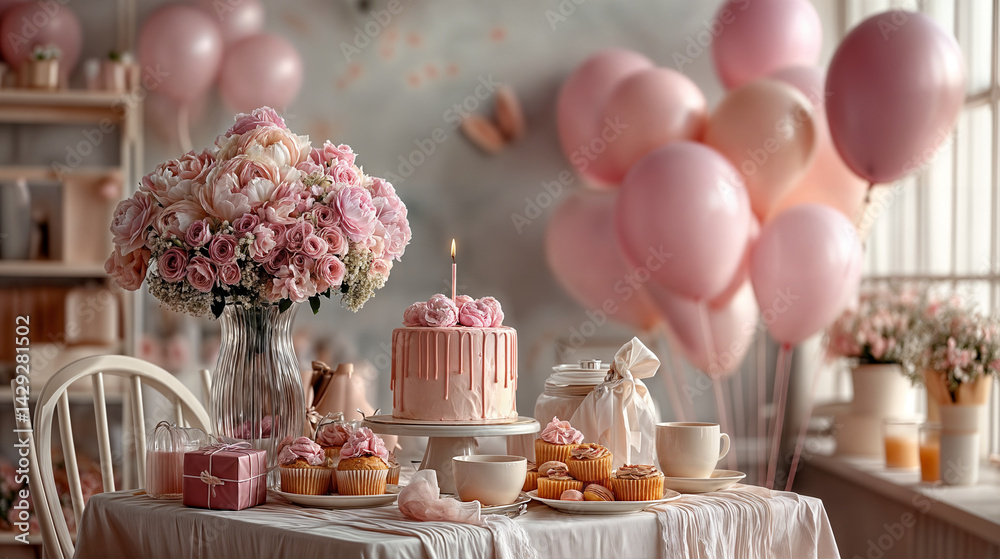 The image shows a birthday party setup with a pink cake adorned with flowers, a large bouquet of pink flowers, and a table filled with various pastries and a cup of tea