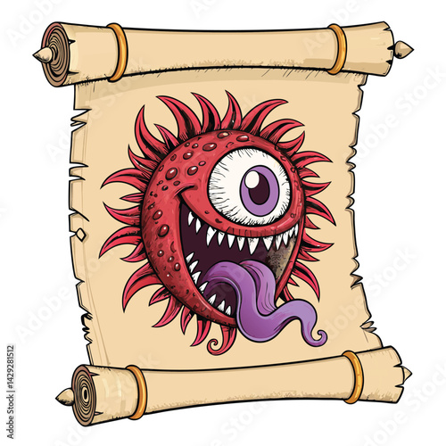 Render a grotesque, veiny eye-tongue monster confined within a decaying, antique scroll frame.  Focus on detailed texture and unsettling realism.