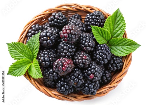 Overhead View of Fresh Blackberries in a Woven Basket with Green Leaves
