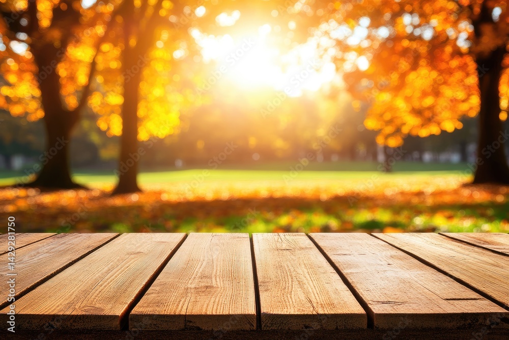 Autumn park scene with wooden table Autumn park scene with wooden table
