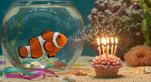 Festive Clownfish Blowing Bubbles at Birthday Cupcake in Aquarium