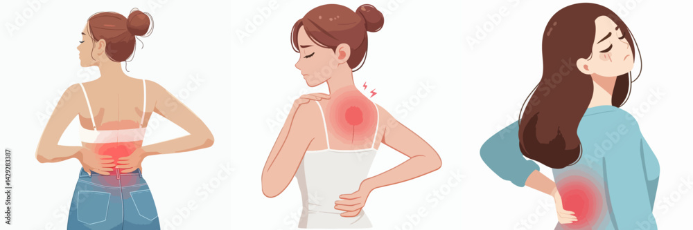 vector set of young woman with back pain