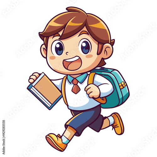 Cheerful schoolboy running with books and backpack