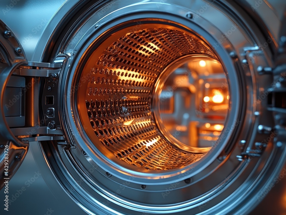 Close-up view of a modern washing machine drum illuminated from within, showcasing intricate details Close-up view of a modern washing machine drum illuminated from within, showcasing intricate details