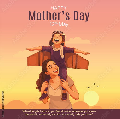 happy Mothers day giving son piggyback ride on his shoulders and looking up. abstract vector illustration
