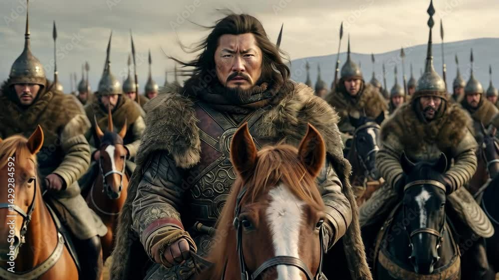Genghis Khan leads his Mongol horde across the vast steppes, embodying the spirit of conquest in the early 13th century while displaying unmatched leadership on horseback