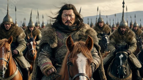 Genghis Khan leads his Mongol horde across the vast steppes, embodying the spirit of conquest in the early 13th century while displaying unmatched leadership on horseback