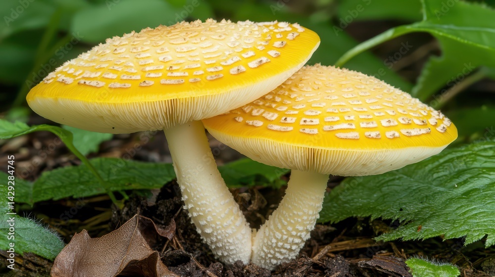 Fototapeta premium Two vibrant yellow mushrooms growing in their natural habitat, a closeup view of forest fungi