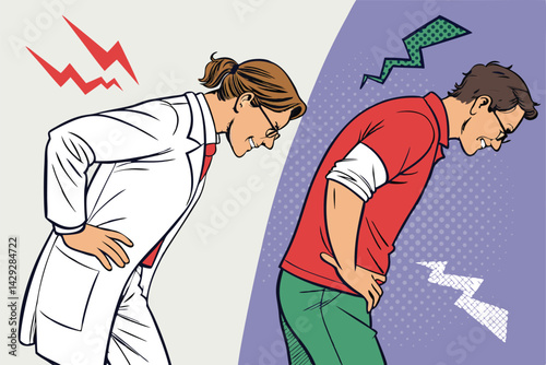 Create a humorous comic-style illustration comparing the agony of back pain with the relief of a fixed back, showcasing contrasting postures and expressions.
