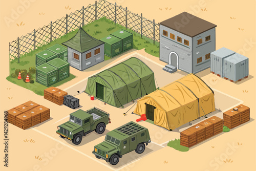 Detailed illustration of a military barracks camp setup, showcasing tents, supply crates, and military vehicles.  Focus on realism and meticulous detail.