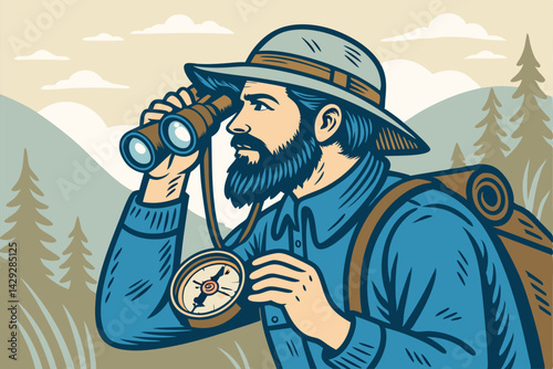 A rugged, bearded hunter in traditional Han clothing uses binoculars and compass, navigating a mountainous terrain.