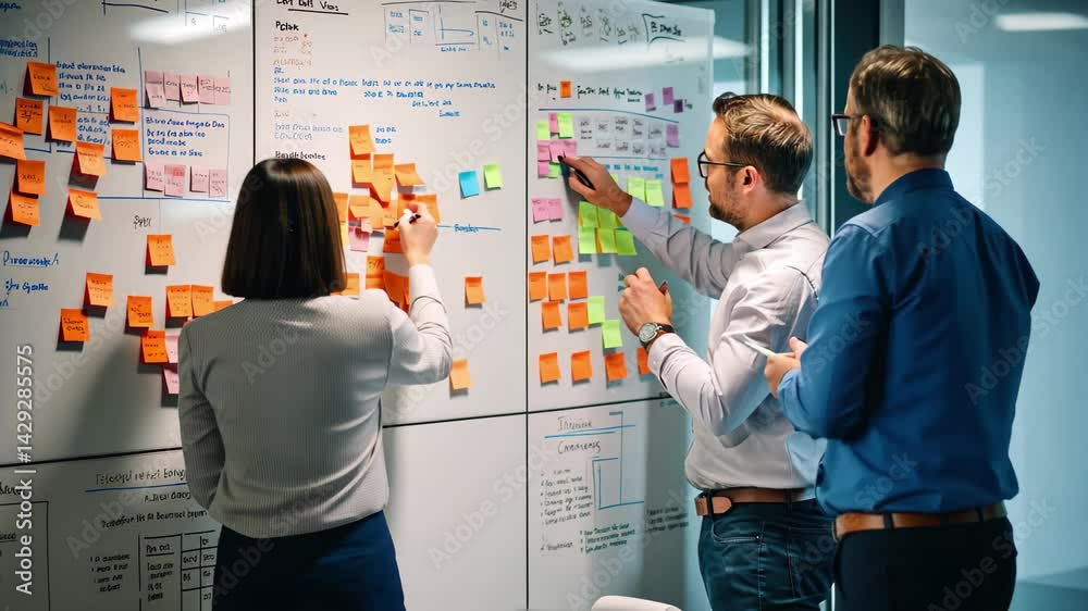 Startup team members collaborate on innovative ideas during a brainstorming session in an office, surrounded by brainstorming materials on a whiteboard