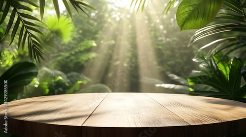 Empty round wooden table in a lush, tropical jungle.