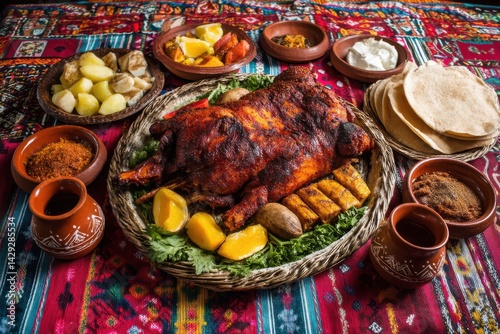 Traditional roasted guinea pig cuy served with potatoes, onions, and greens on a colorful tablecloth
