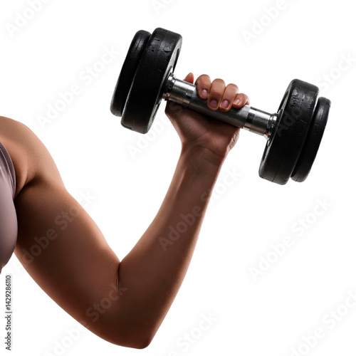 Braço feminino exercitando o membro superior, segurando um halter preto de academia