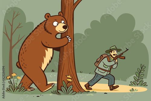 A cartoon bear cleverly hides behind a large tree, observing a hunter aiming a rifle in a forest clearing.  Illustrate a humorous, slightly mischievous scene.