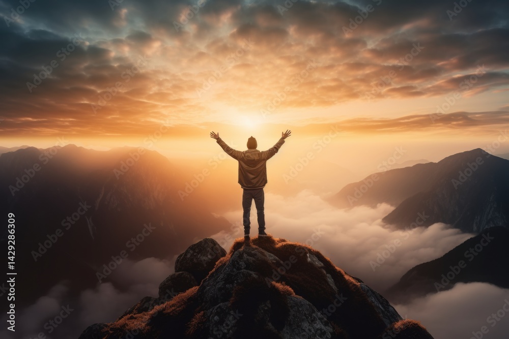 Fototapeta premium Human silhouette triumphantly on mountaintop at sunrise