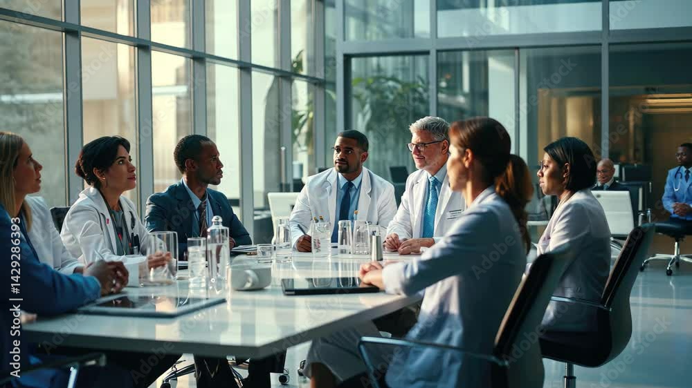 Healthcare professionals in a modern conference room discussing strategies for improving patient care in a collaborative session at a hospital during the afternoon