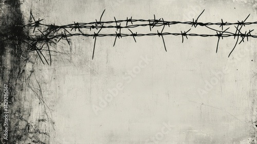 Barbed wire fence on textured wall; security concept