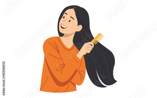 Happy Woman Combing Her Hair