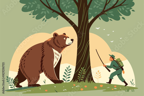 A mischievous cartoon bear peeks from behind a large tree, observing a surprised hunter with a rifle.  Humorous woodland scene.